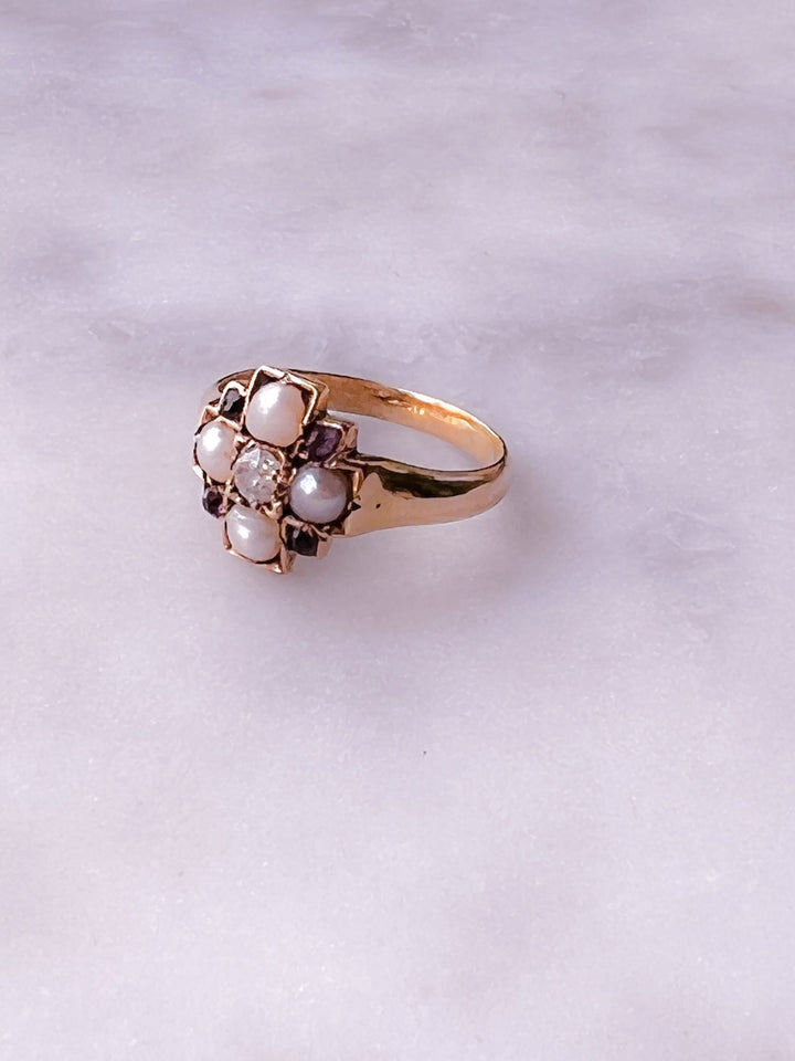 14k Pearl, Amethyst, and Diamond Cruciform Ring