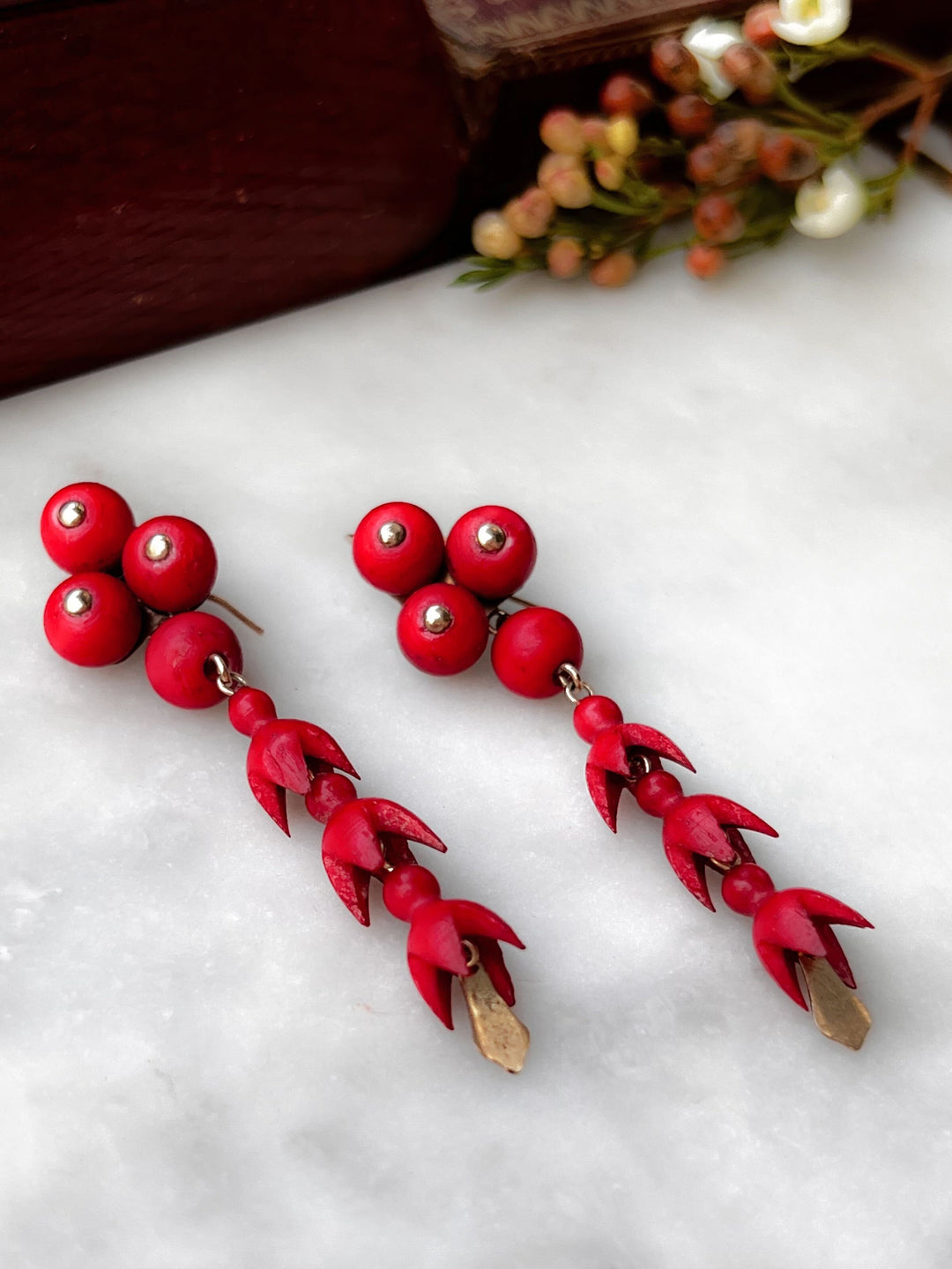 Fuchsia Flower Earrings in Scarlet Wood