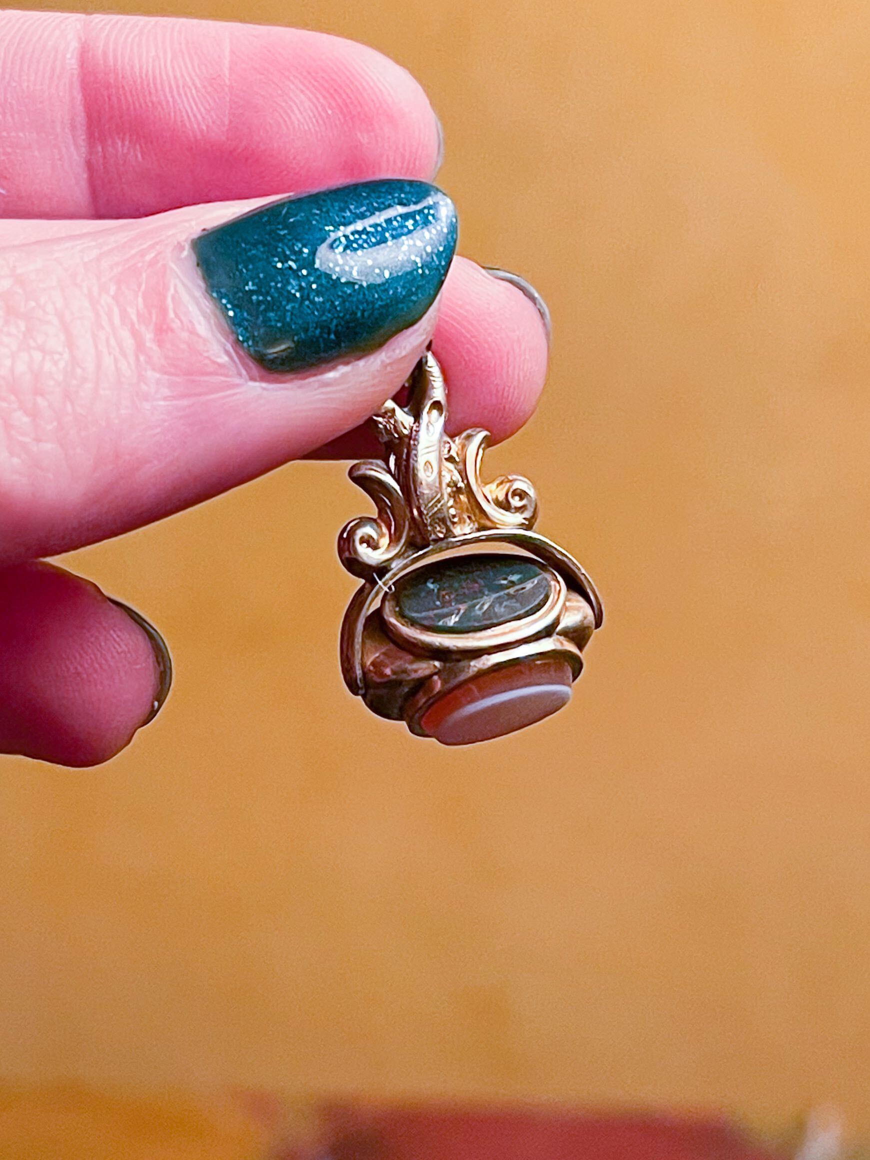 Gold-Filled Trilogy Spinner Fob Featuring Bloodstone, Sardonyx, and White Agate *include green ribbon*