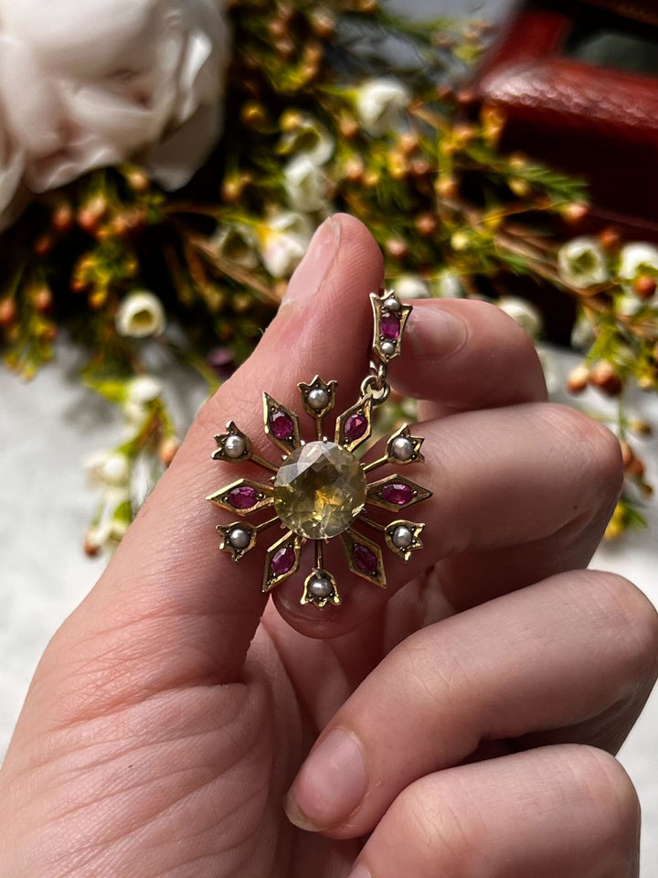 Outrageous Chrysoberyl, Ruby, and Pearl Pendant