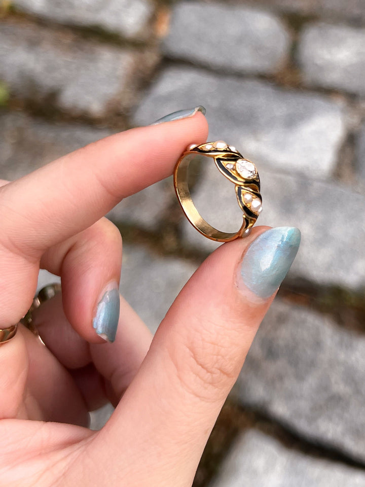 Black Enamel and Pearl Ring with OMC and Rose-Cut Diamonds