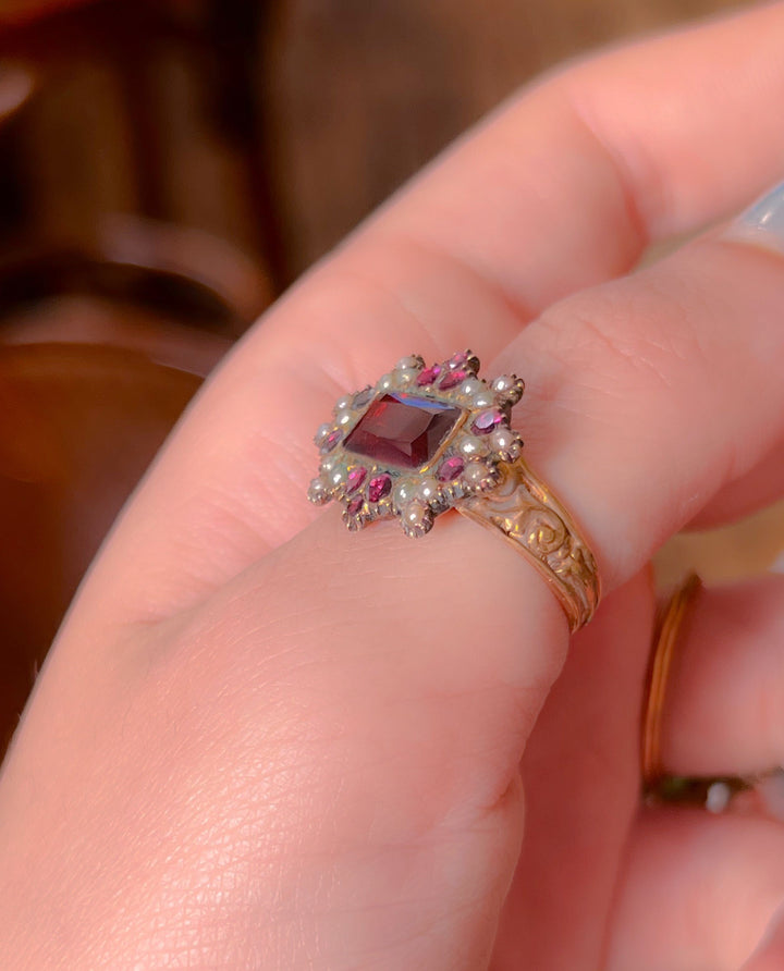 19th Century Garnet and Pearl Conversion Ring in 9k