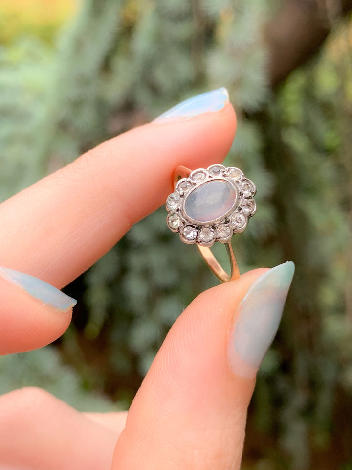 Stunning 9k Moonstone Daisy Ring with Paste Halo