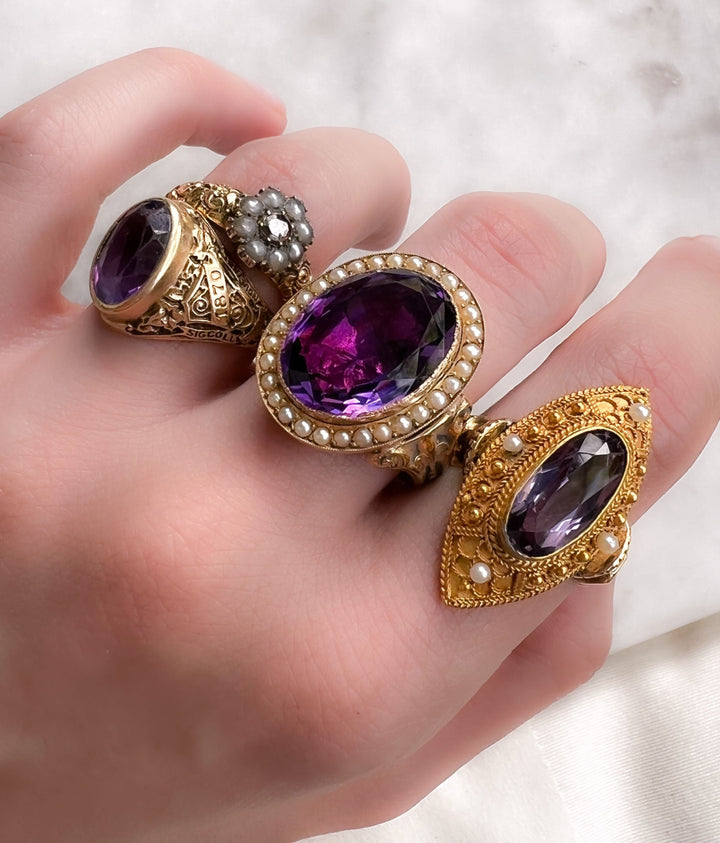 Glorious Antique Georgian Amethyst & Seed Pearl Conversion Ring