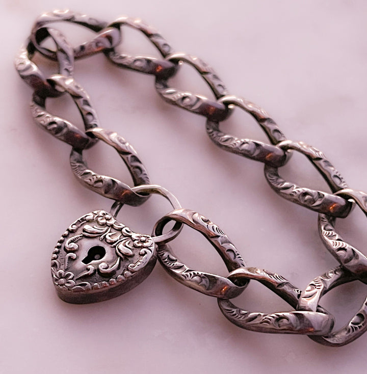 Sterling Silver Padlock Bracelet Circa 1880 *include two black ribbons* *JEWELER MODIFICATION NEEDED*