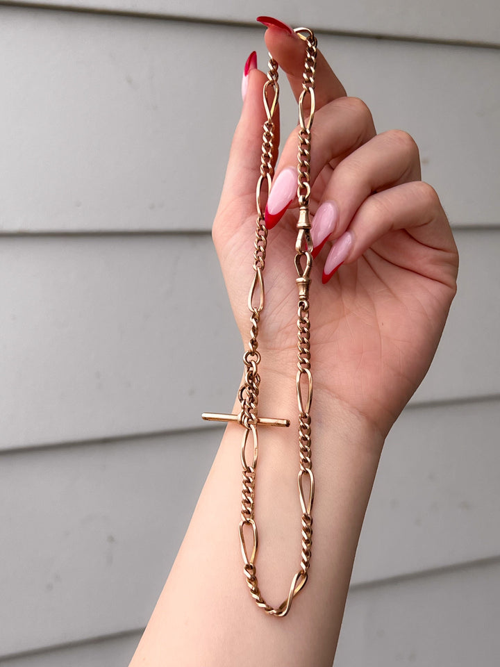 9k Victorian Watch Chain with T-Bar + Two Dog Clips