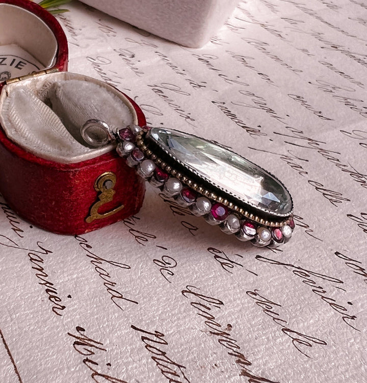 Outstanding 9k Georgian Aquamarine, Flat-Cut Garnet, and Pearl Pendant