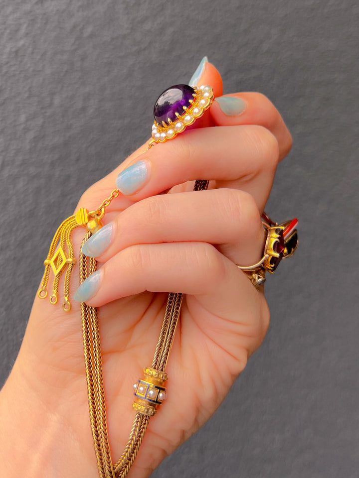 1960's Victorian Revival Amethyst Cabochon Brooch with Pearls