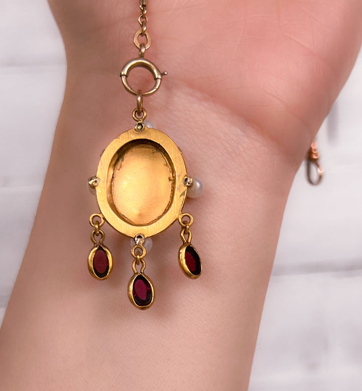 Late 19th C Garnet and Pearl Pinchbeck Pendant