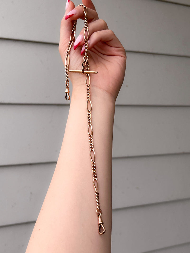 9k Victorian Watch Chain with T-Bar + Two Dog Clips