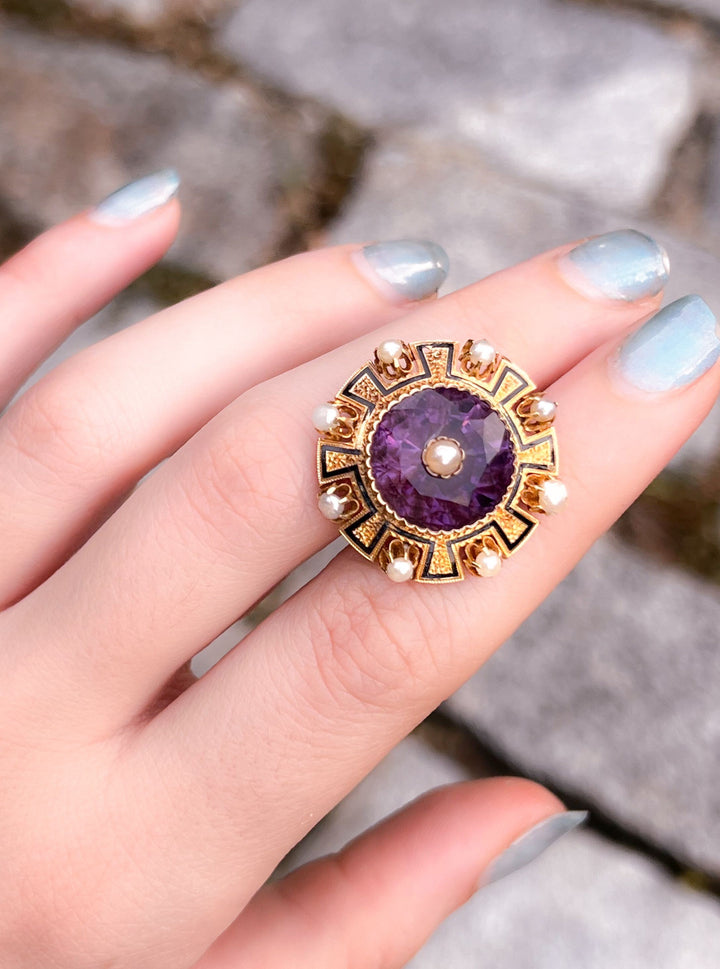 French 18k Brooch with Amethyst, Pearl, and Black Enamel
