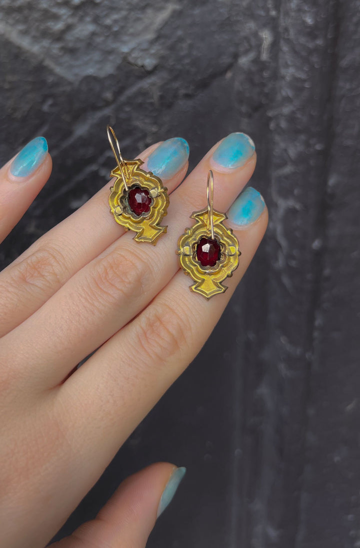 Garnet Paste and Brass Earrings