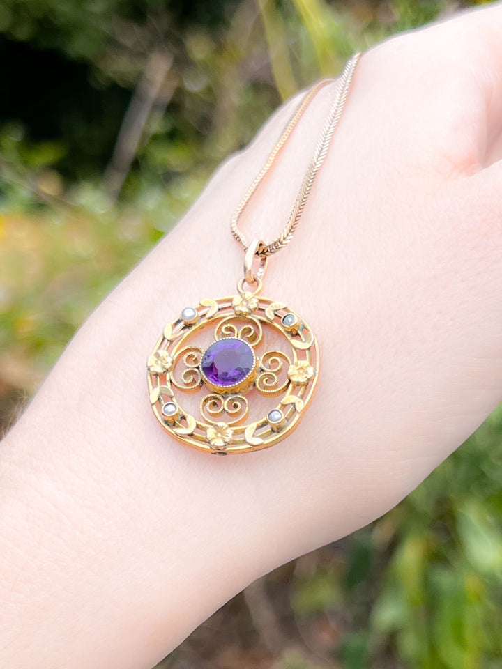 Edwardian 9k Amethyst Paste + Pearl Pendant and Chain