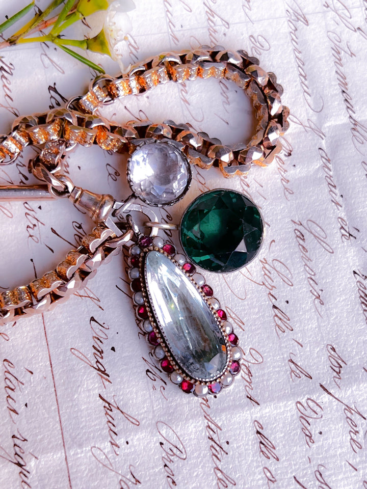 Outstanding 9k Georgian Aquamarine, Flat-Cut Garnet, and Pearl Pendant