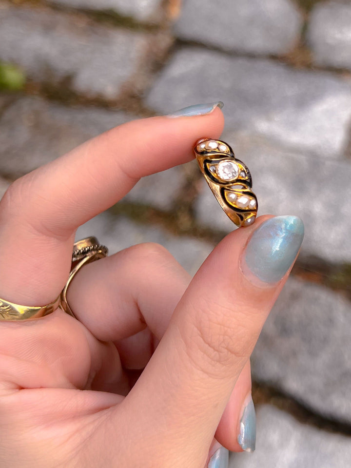 Black Enamel and Pearl Ring with OMC and Rose-Cut Diamonds