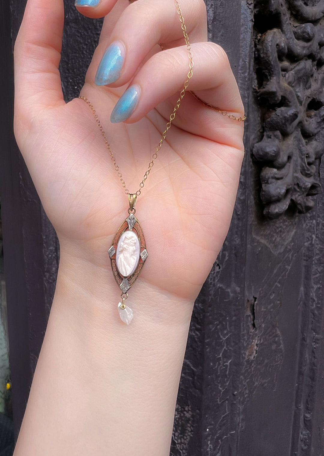 Delicious 14k Late Victorian Pink Shell Cameo with Pearl Drop Chain