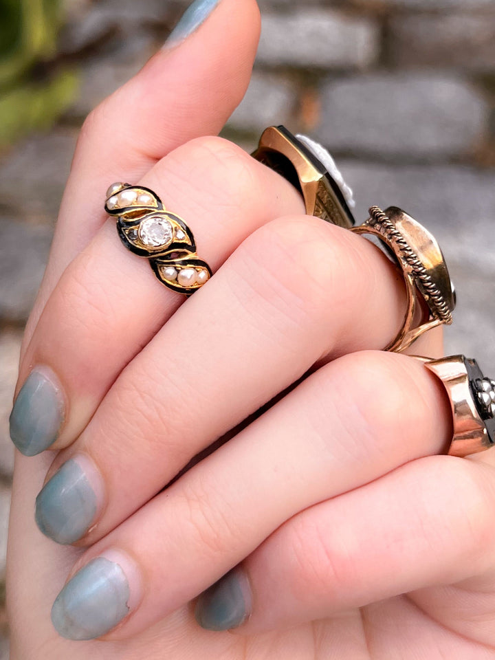 Black Enamel and Pearl Ring with OMC and Rose-Cut Diamonds
