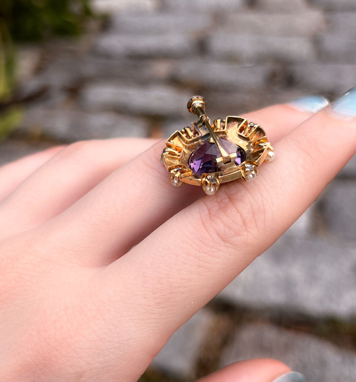 French 18k Brooch with Amethyst, Pearl, and Black Enamel