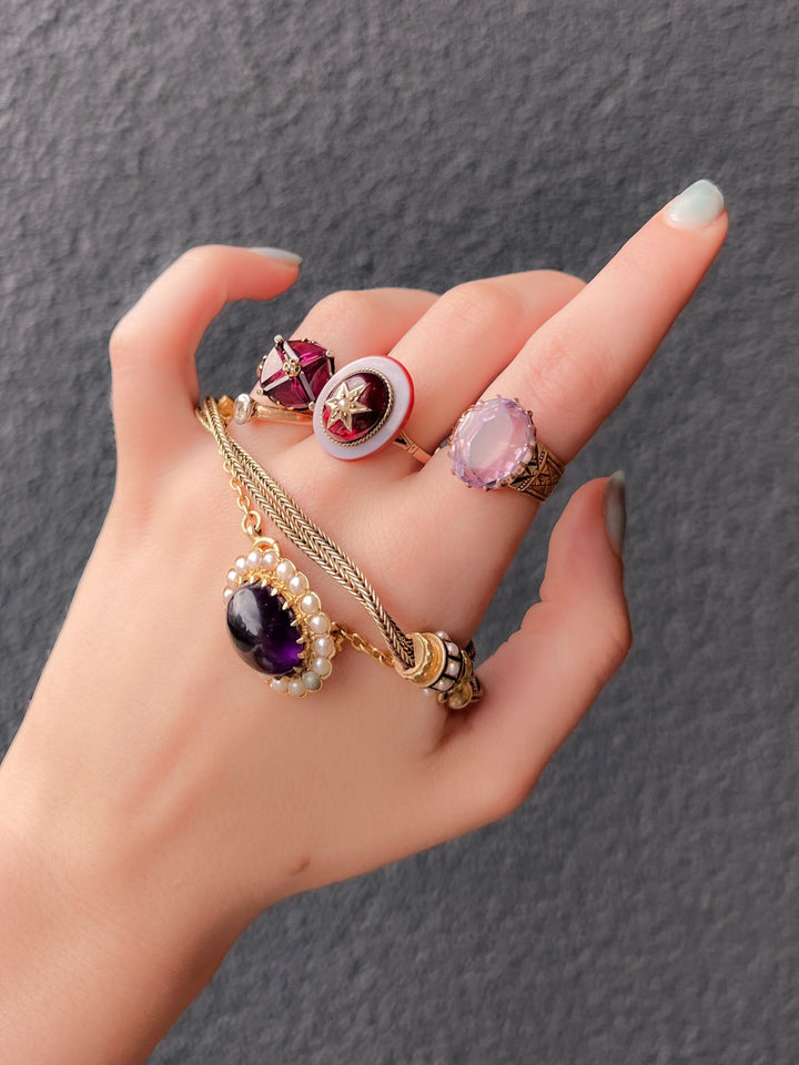 1960's Victorian Revival Amethyst Cabochon Brooch with Pearls