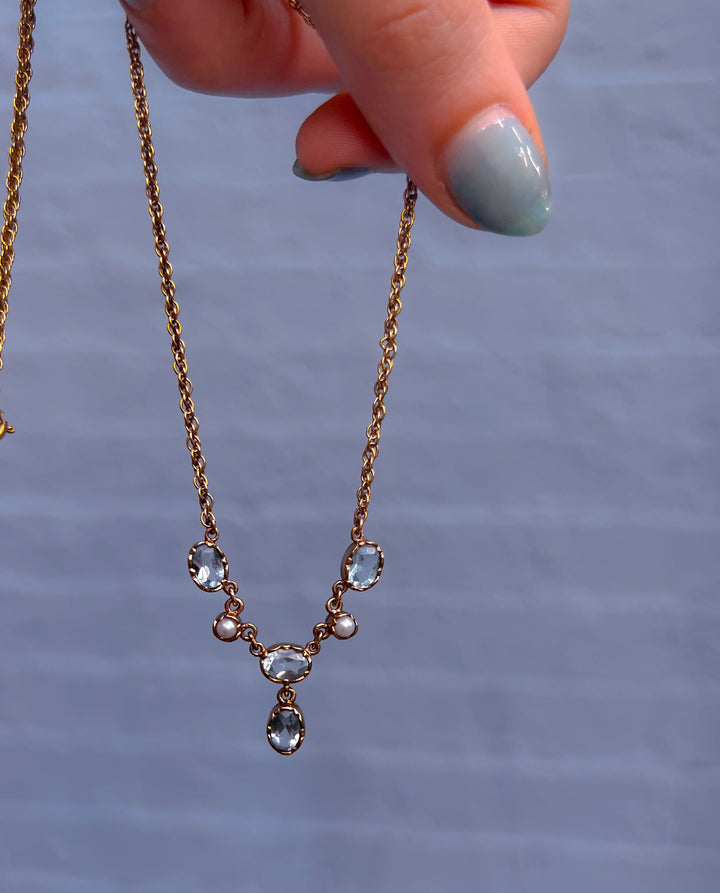 9k Aquamarine and Pearl Vintage Necklace with Rope Chain