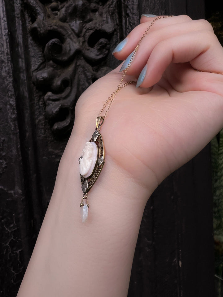 Delicious 14k Late Victorian Pink Shell Cameo with Pearl Drop Chain