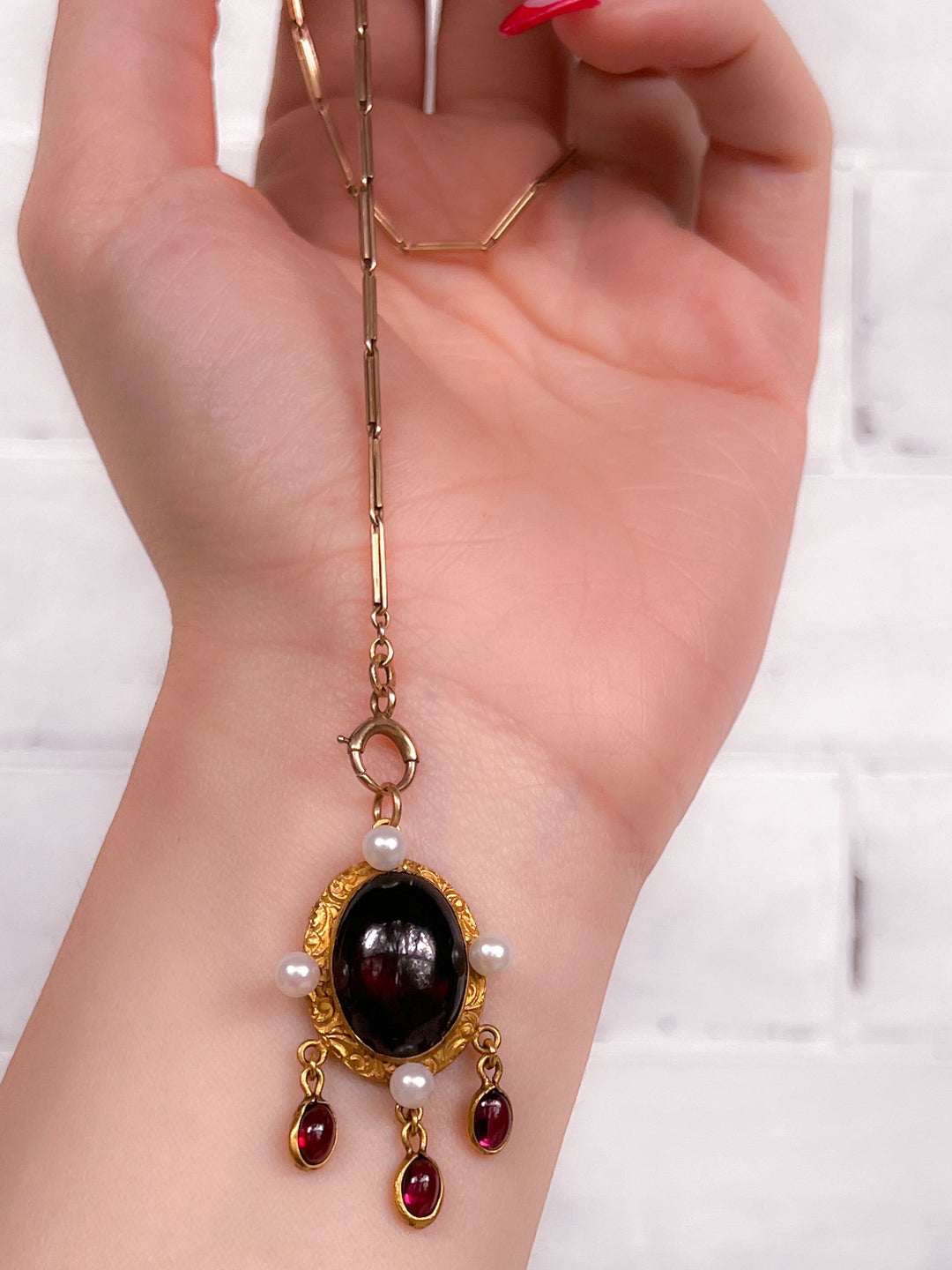 Late 19th C Garnet and Pearl Pinchbeck Pendant