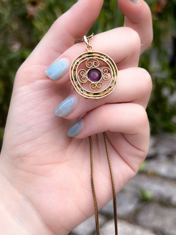 Edwardian 9k Amethyst Paste + Pearl Pendant and Chain
