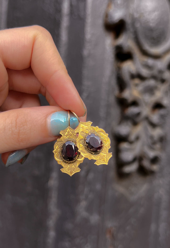 Garnet Paste and Brass Earrings