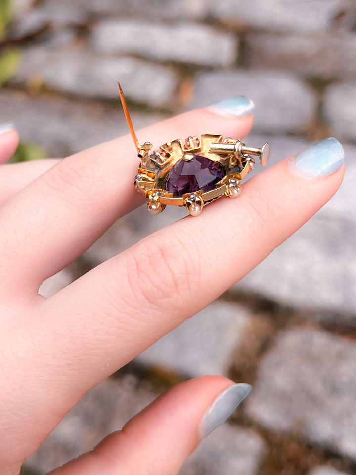 French 18k Brooch with Amethyst, Pearl, and Black Enamel