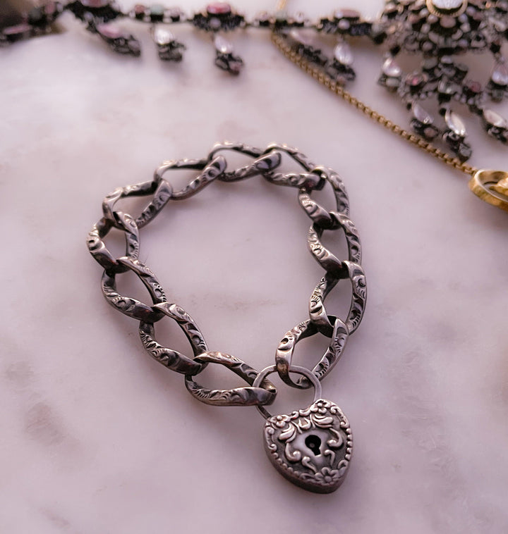 Sterling Silver Padlock Bracelet Circa 1880 *include two black ribbons* *JEWELER MODIFICATION NEEDED*