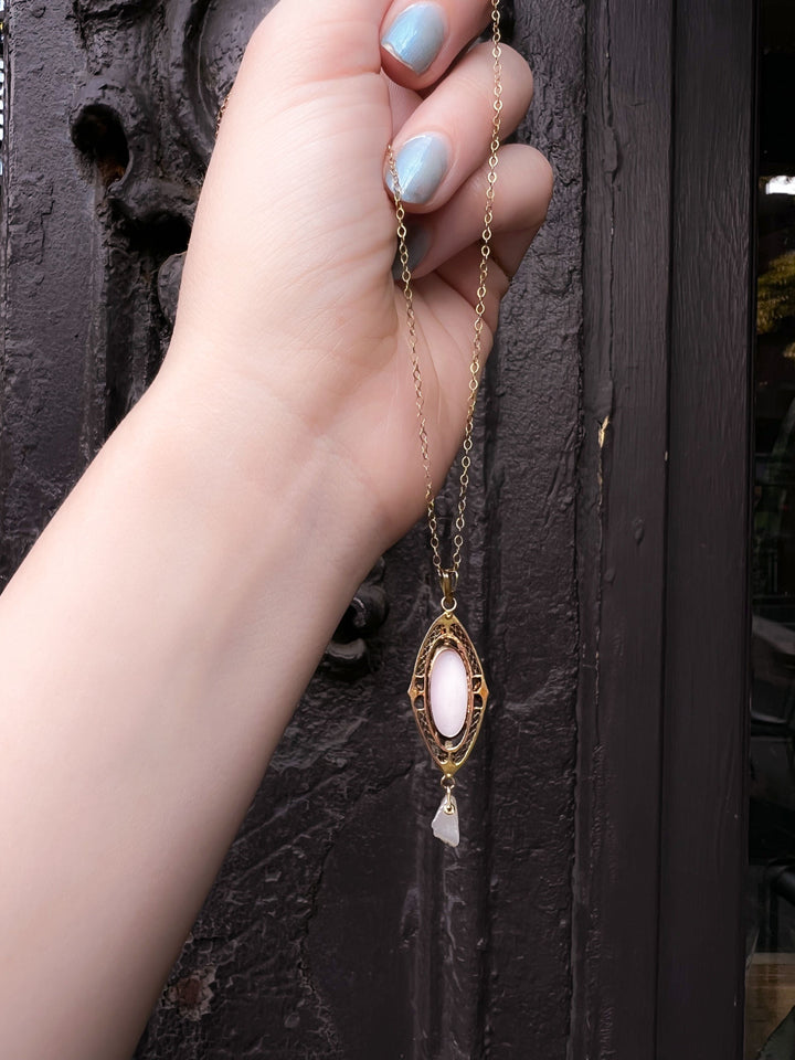 Delicious 14k Late Victorian Pink Shell Cameo with Pearl Drop Chain