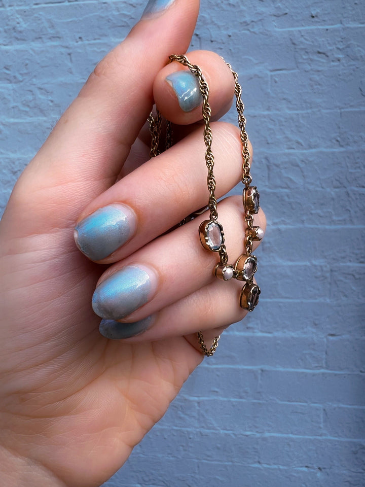 9k Aquamarine and Pearl Vintage Necklace with Rope Chain