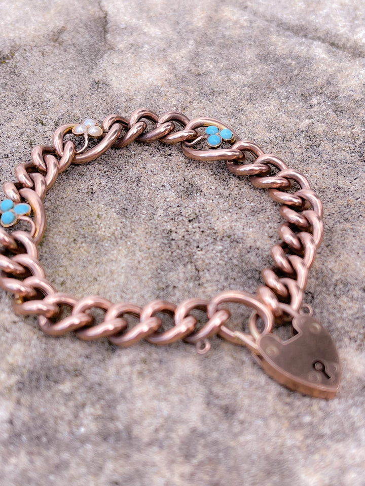 Gorgeous Rose Gold Victorian Turquoise and Pearl Padlock Bracelet