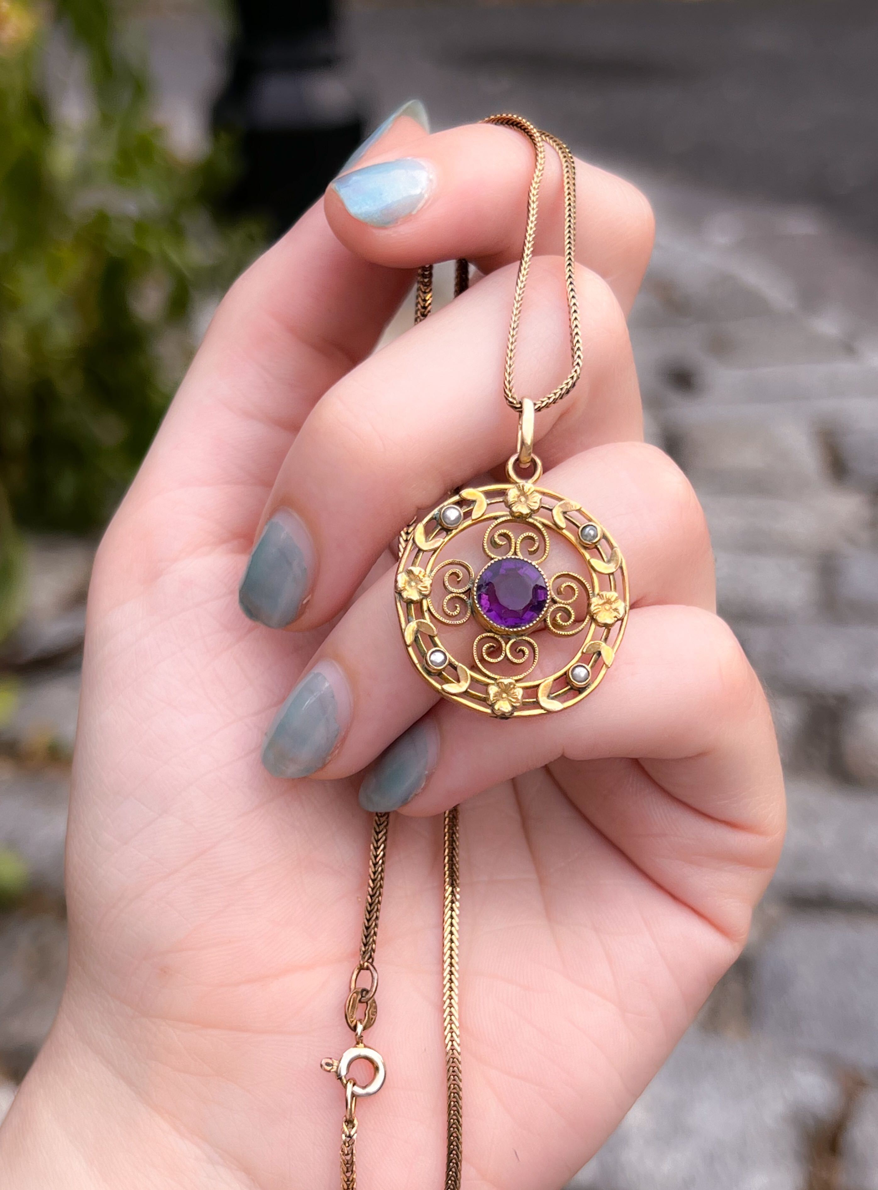 Edwardian 9k Amethyst Paste + Pearl Pendant and Chain