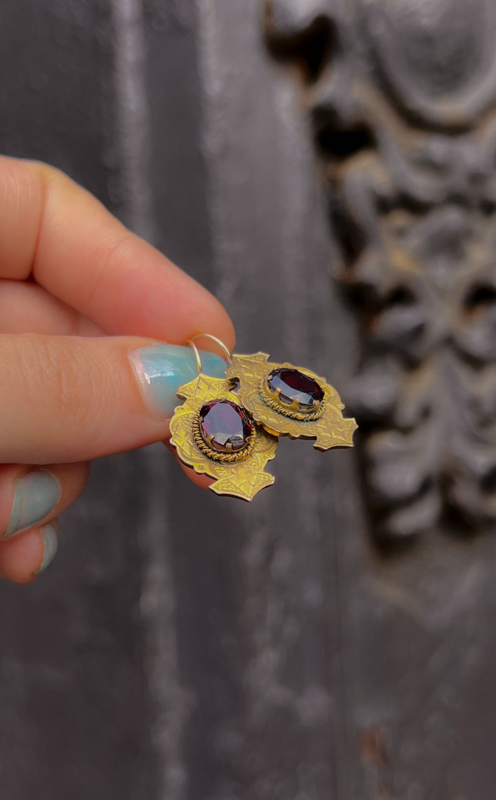 Garnet Paste and Brass Earrings