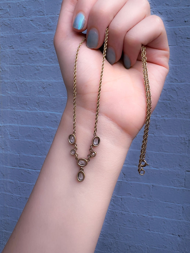 9k Aquamarine and Pearl Vintage Necklace with Rope Chain