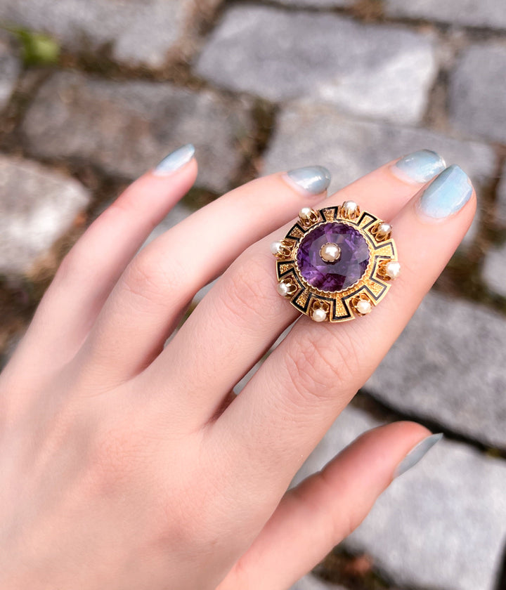 French 18k Brooch with Amethyst, Pearl, and Black Enamel