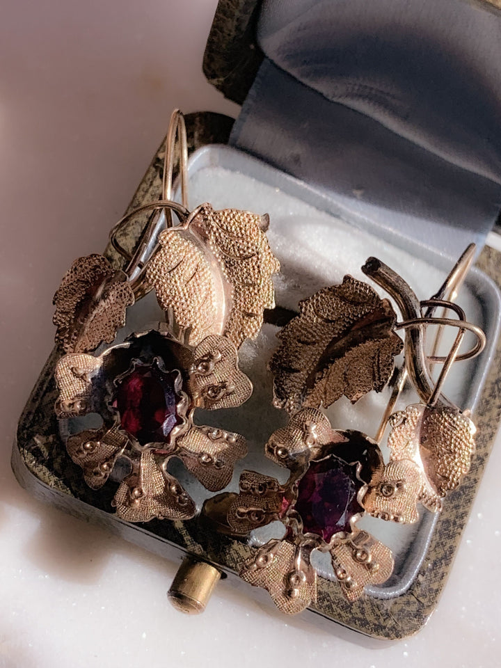 10k Blooming Foiled Garnet Flower Earrings