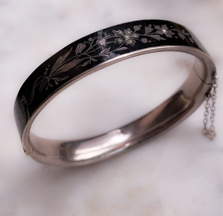 Black Enamel, Pearl, and Sterling Bracelet