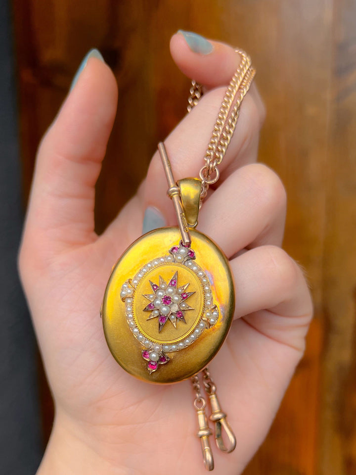 Superb 15k Ruby and Pearl Locket