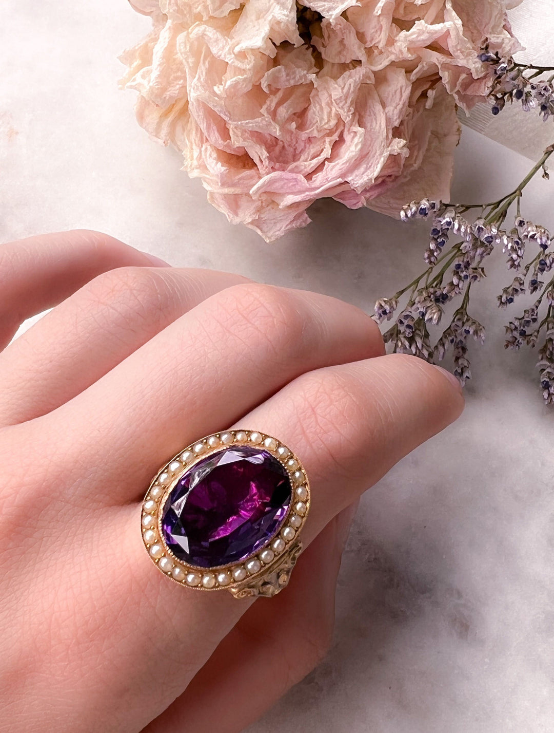 Glorious Antique Georgian Amethyst & Seed Pearl Conversion Ring