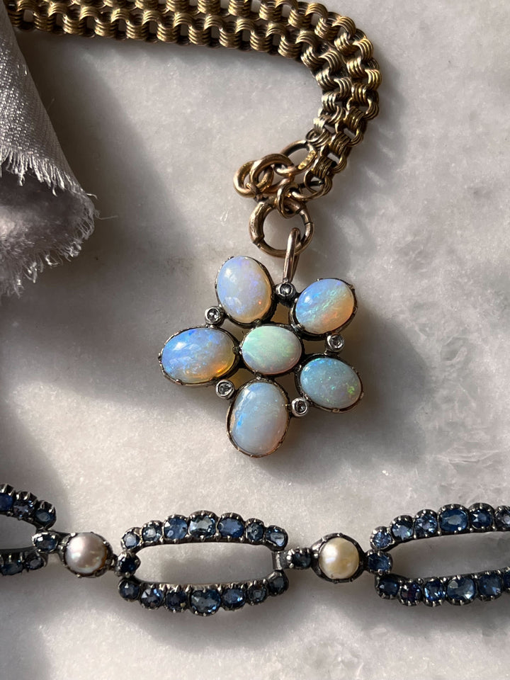 9k Victorian Opal and Diamond Flower Pendant