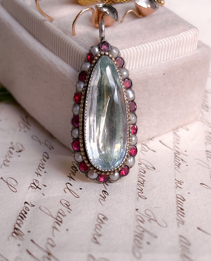 Outstanding 9k Georgian Aquamarine, Flat-Cut Garnet, and Pearl Pendant