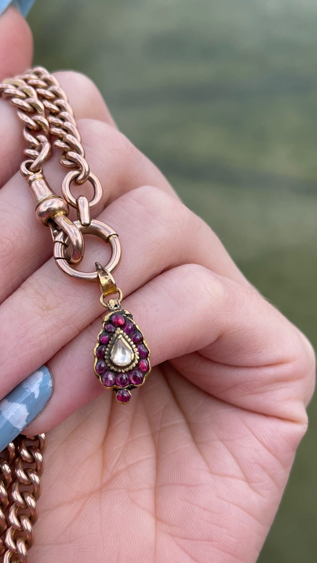 Adorable 18k Gold Rose-Cut Diamond and Ruby Drop Pendant