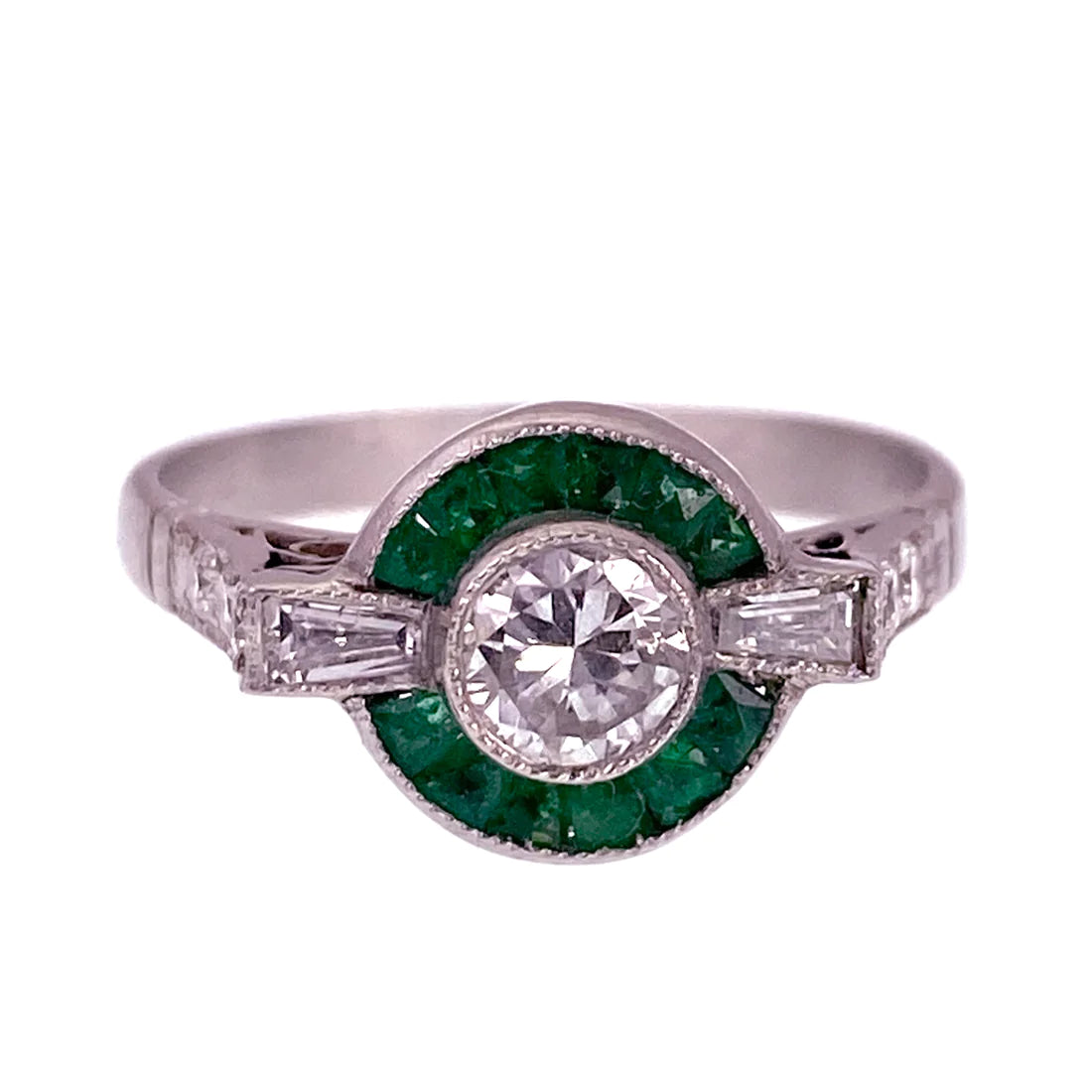 Incredible Art Deco All Original Platinum Target Ring with Emeralds and Diamonds