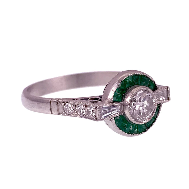 Incredible Art Deco All Original Platinum Target Ring with Emeralds and Diamonds