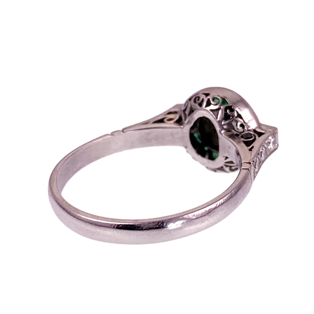 Incredible Art Deco All Original Platinum Target Ring with Emeralds and Diamonds