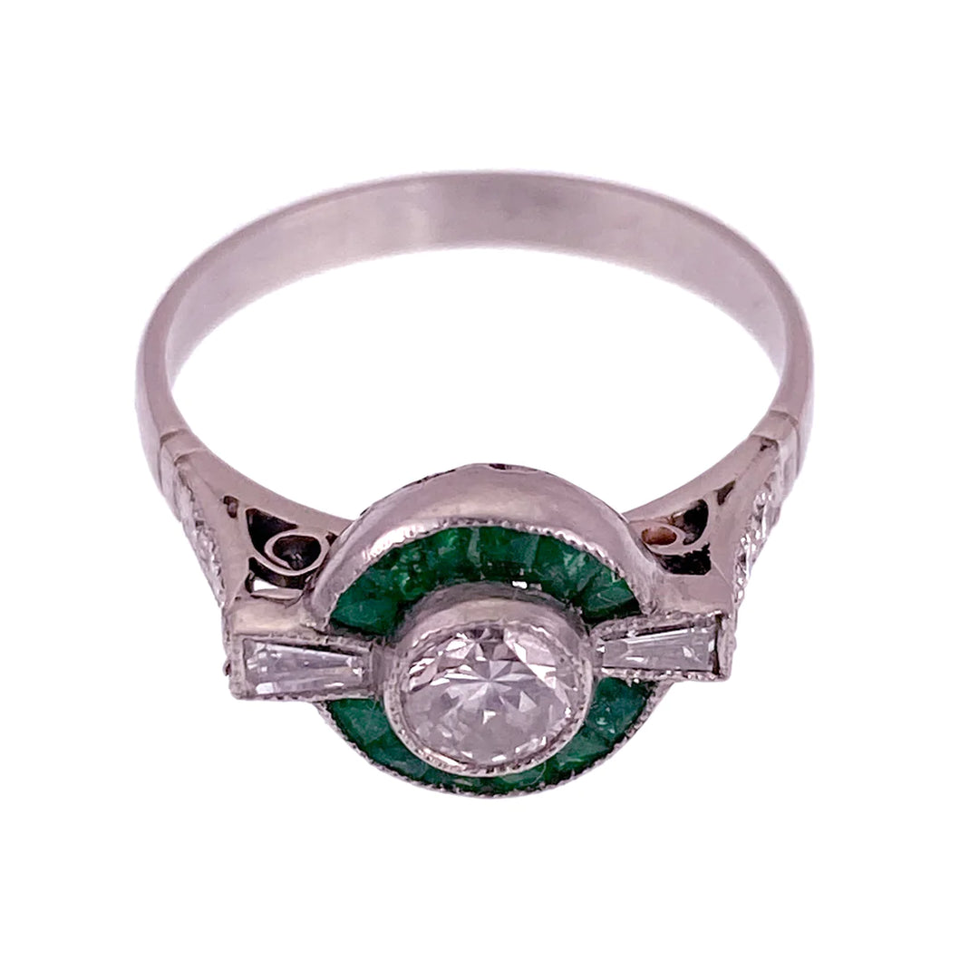 Incredible Art Deco All Original Platinum Target Ring with Emeralds and Diamonds