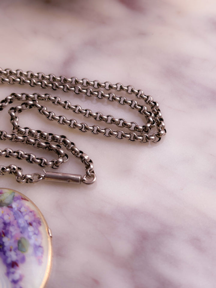 Edwardian Enamel and Sterling Silver Locket Depicting Wisteria Blooms on Verdant Vine *include purple and 'wheat' ribbon*