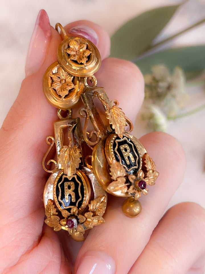 Victorian R Initial Earrings in Black Enamel and 14k